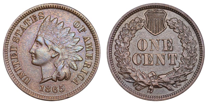 1865 Indian Head penny obverse showing Liberty in feathered headdress with date