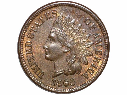1865 Plain 5 Indian Head penny Misplaced Date Snow-2 showing digit impressions in denticles