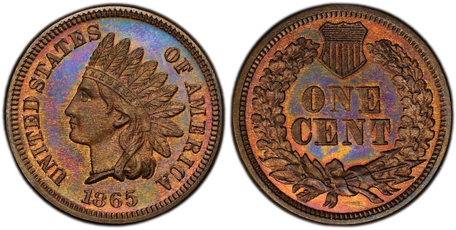 1865 Indian Head penny grading strip showing four condition tiers from Good to Gem Uncirculated
